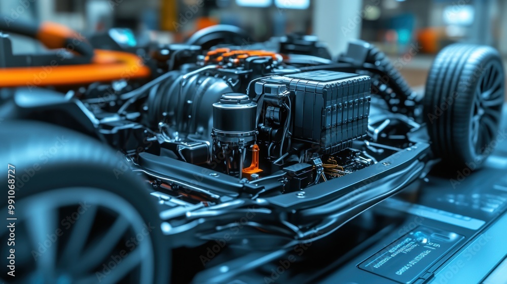 Close-up of the undercarriage of a car showing the engine and battery. Close-up of the undercarriage of a car showing the engine and battery.