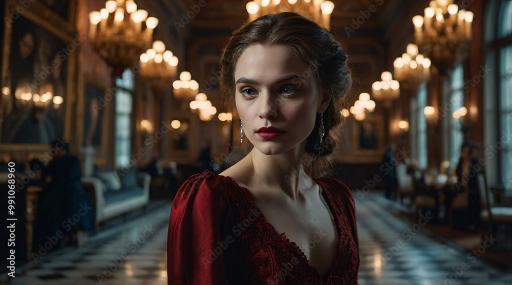 A captivating vampiress stands in an ornate, candlelit ballroom A captivating vampiress stands in an ornate, candlelit ballroom