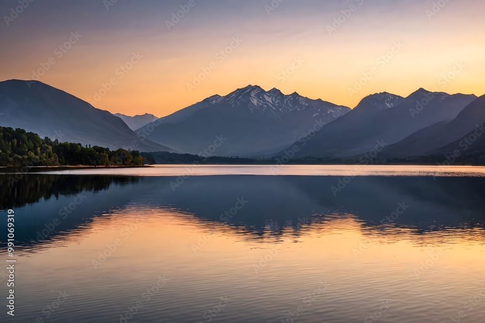 Calm, reflective lake at sunset, with gentle ripples on the water and mountains silhouetted in the background Calm, reflective lake at sunset, with gentle ripples on the water and mountains silhouetted in the background