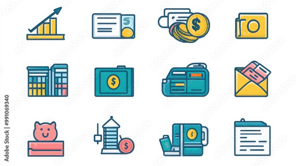 Finance thin line icon set. Containing wallet, piggy bank, ATM, dollar sign, credit card, bar chart, coin stack, money Finance thin line icon set. Containing wallet, piggy bank, ATM, dollar sign, credit card, bar chart, coin stack, money