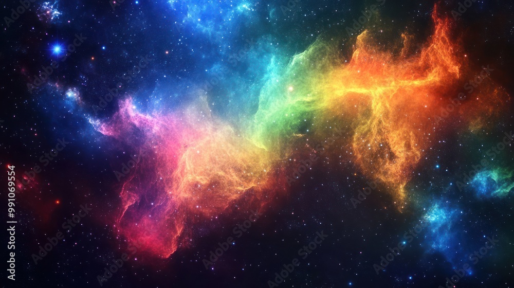 A cosmic landscape with vibrant nebulae and a scattering of stars, illuminated by a radiant star. A cosmic landscape with vibrant nebulae and a scattering of stars, illuminated by a radiant star.