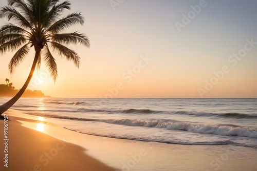 Serene beach scene at sunrise, with gentle waves lapping against the shore and a single palm tree in the distance