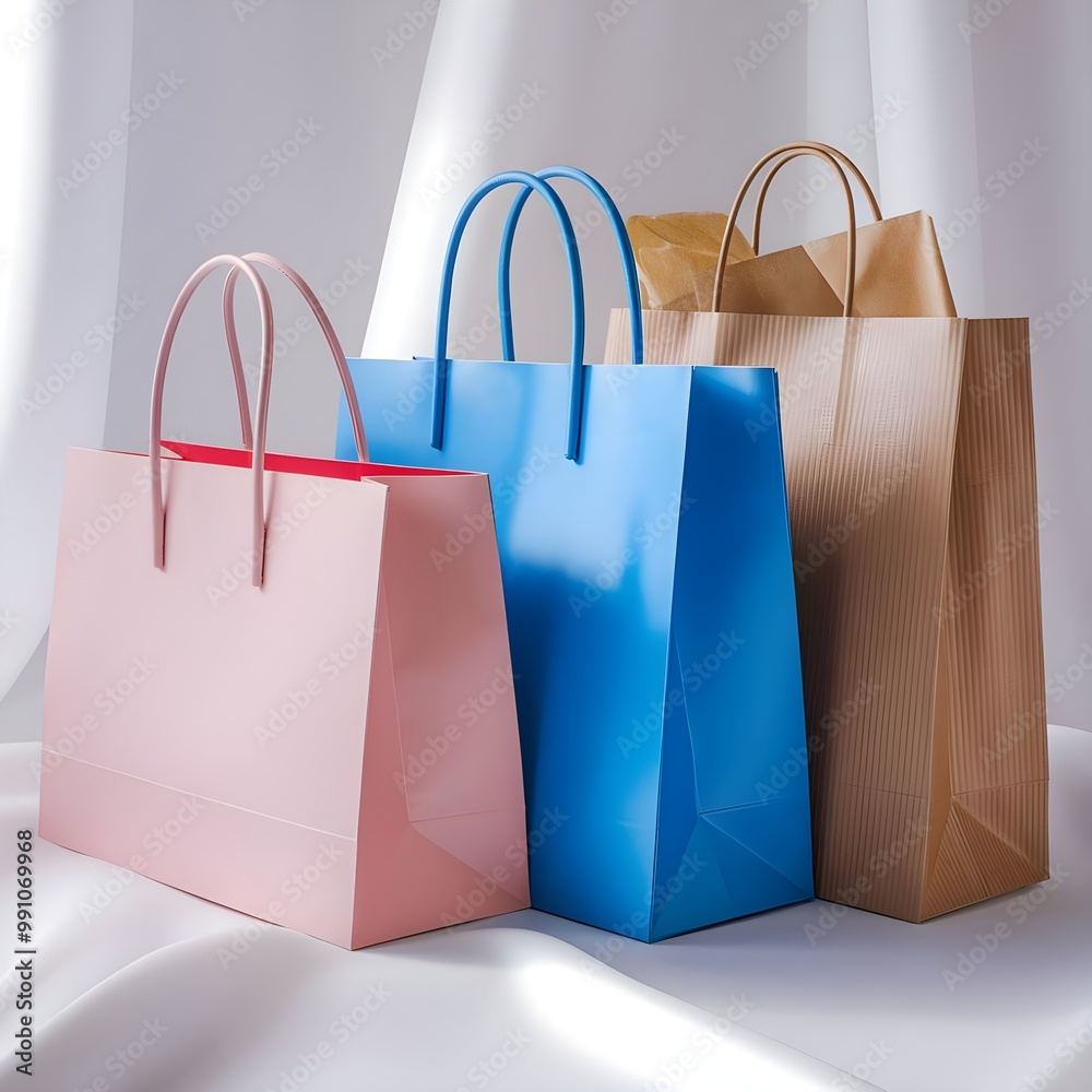 Three shopping bags in a minimalist setting featuring a soft pink bag ...