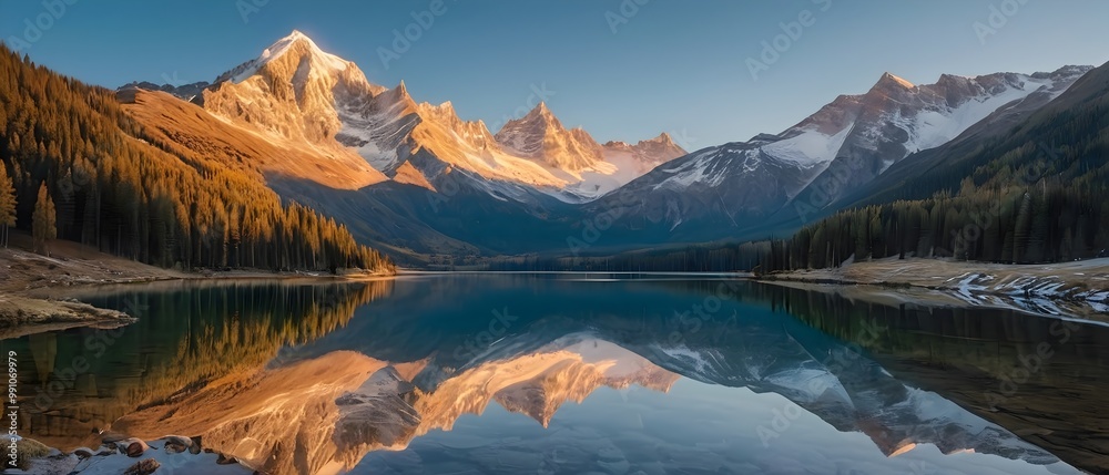Fototapeta premium Serene mountain landscape with a crystal-clear lake reflecting the surrounding snow-capped peaks, captured at sunrise, panoramic view