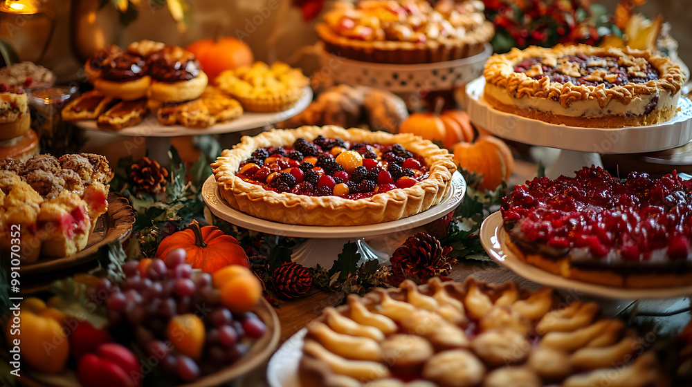 Close-up of a Thanksgiving dessert table with pies, cakes, and seasonal treats, surrounded by fall decorations Close-up of a Thanksgiving dessert table with pies, cakes, and seasonal treats, surrounded by fall decorations