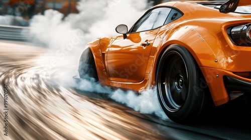 Orange sports car drifting on a racetrack, leaving a trail of smoke.