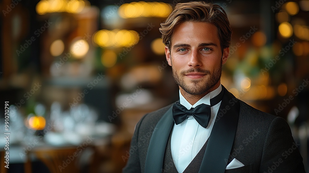 A waiter in a tuxedo stands in a restaurant with copy space on a dark background. A waiter in a tuxedo stands in a restaurant with copy space on a dark background.
