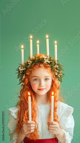 A red-haired girl dressed as Saint Lucia, with a green wreath on her head, in a white dress with a red belt and holding candles in her hands. Green pastel background. Hyper-realistic photo.