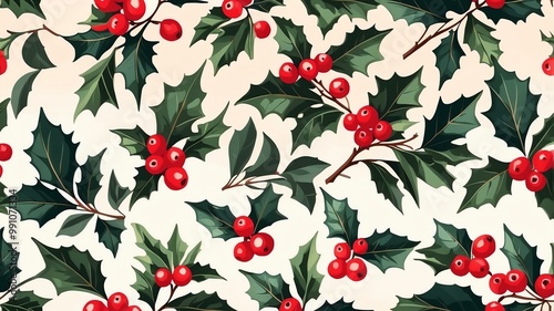 general holiday holly seamless pattern on pastel color background