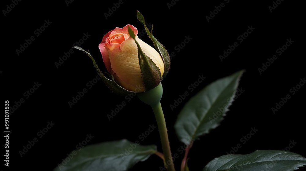 Fototapeta premium A single, closed bud of a yellow rose with red tips on its petals against a black background.