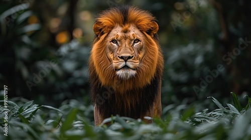 A wild male lion stands in a green jungle, providing a powerful portrait.