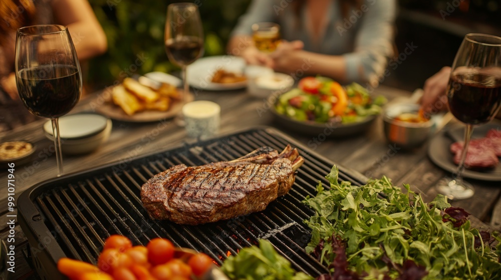 An outdoor dining scene with a juicy steak on the grill, fresh salad ingredients on the table, and family and friends enjoying a summer feast. An outdoor dining scene with a juicy steak on the grill, fresh salad ingredients on the table, and family and friends enjoying a summer feast.