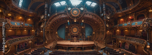 An opulent theater or opera house. Stage of the steampunk concert hall with a large clock and mechanism. 