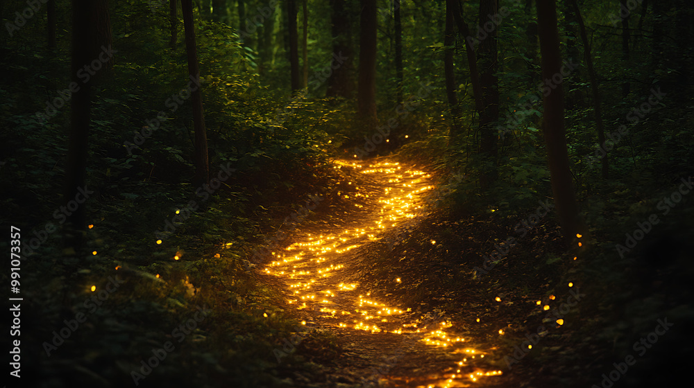 Fototapeta premium A glowing path of light weaving through a dark forest, illuminating the way forward and symbolizing guidance