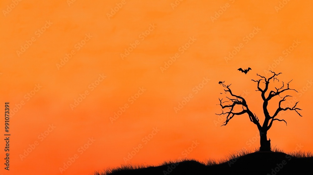 Spooky Halloween Silhouette of a Bare Tree and Bats Against an Orange Sky