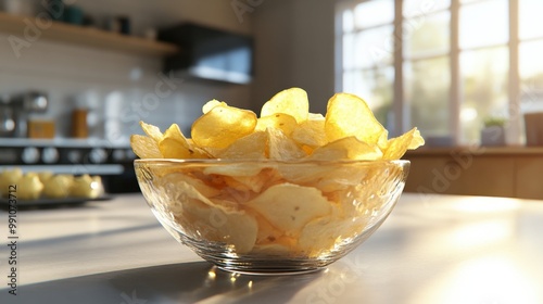 A large bowl filled with delicious potato chips is sitting on a kitchen counter photo