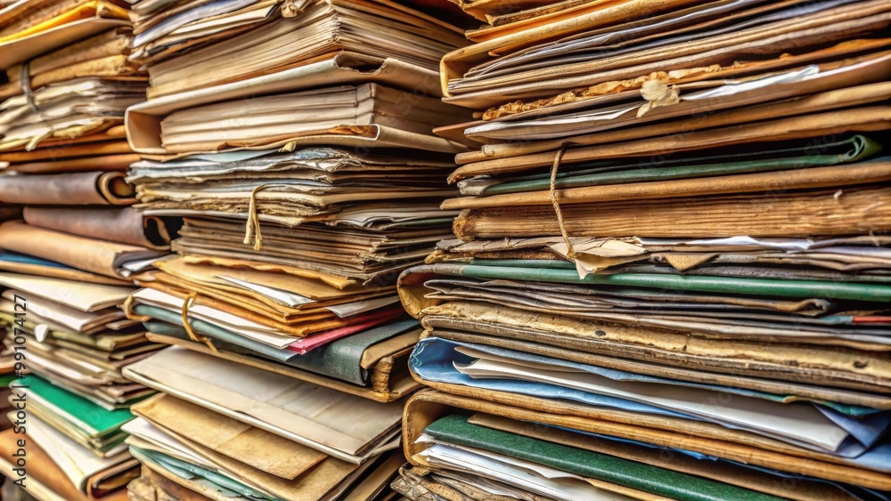 Closeup of stacked old notebooks, folders, and documents ready for recycling, paper, scraps, texture, spreadsheets, paperwork Closeup of stacked old notebooks, folders, and documents ready for recycling, paper, scraps, texture, spreadsheets, paperwork