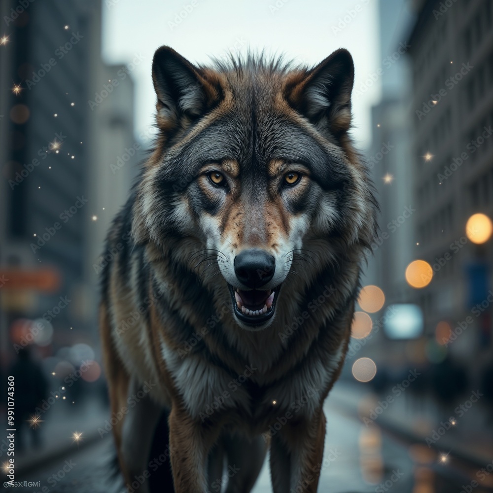 Majestic wolf standing confidently in an urban environment, with a striking gaze and a mysterious aura Majestic wolf standing confidently in an urban environment, with a striking gaze and a mysterious aura