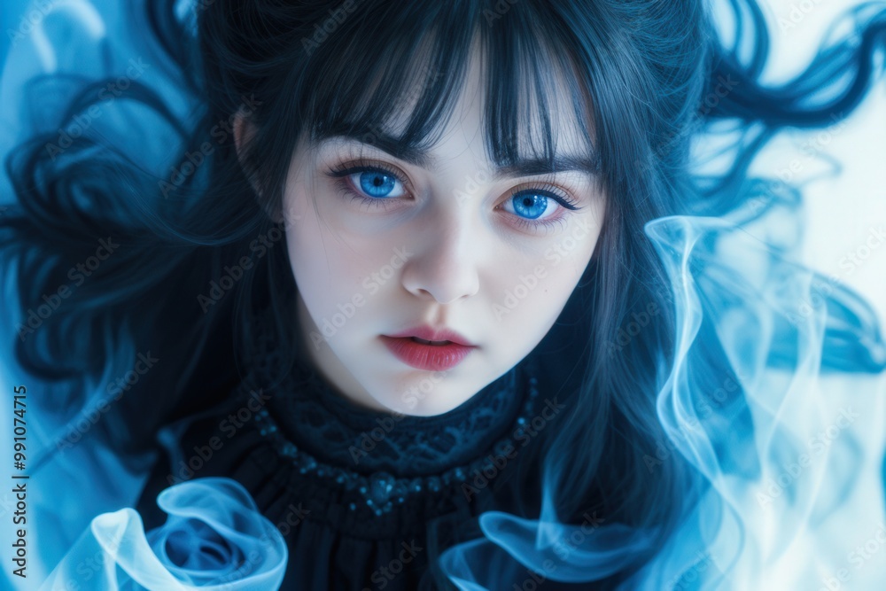 A captivating young woman with striking blue eyes and dark hair, surrounded by ethereal blue smoke, exuding an enchanting and mystical vibe. A captivating young woman with striking blue eyes and dark hair, surrounded by ethereal blue smoke, exuding an enchanting and mystical vibe.