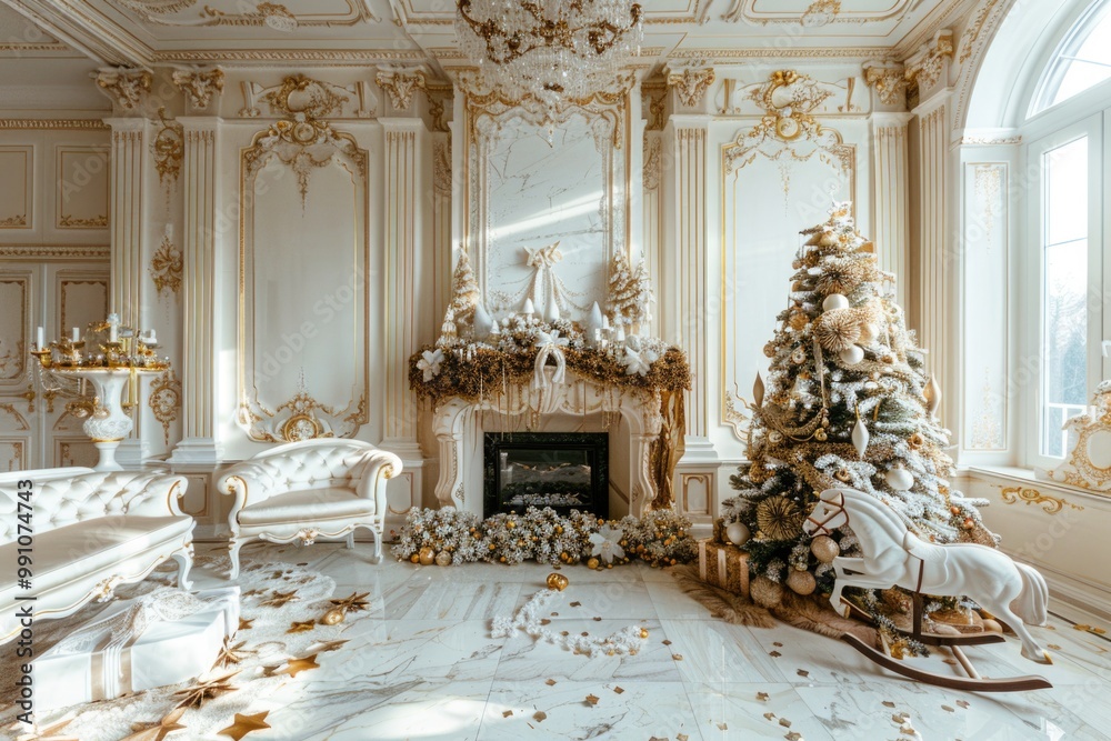 Luxury Christmas: Classical White Room Interior with Decorated Fireplace and Rocking Horse Luxury Christmas: Classical White Room Interior with Decorated Fireplace and Rocking Horse