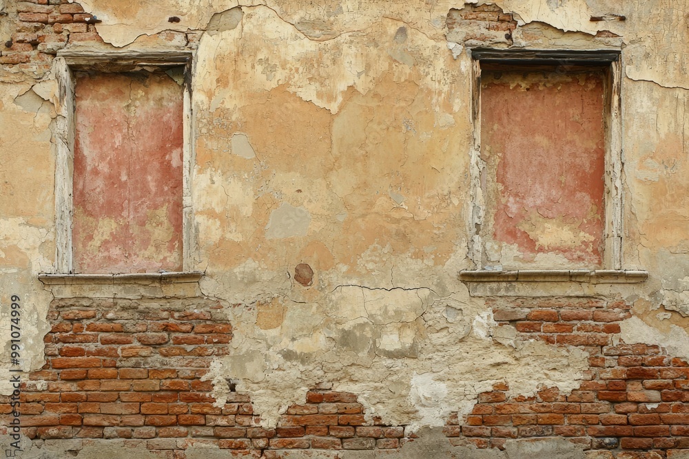 Weathered Brick Wall with Two Window Openings Weathered Brick Wall with Two Window Openings