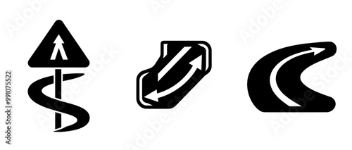 Curves are indicated ahead by the black and white icon of a winding road traffic sign photo