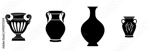 Isolated on a white background, is a black silhouette of an ancient Greek vase on a pedestal