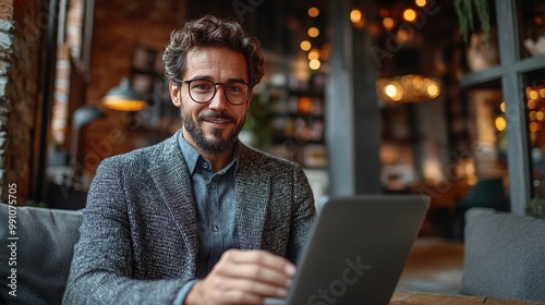 A young businessman conducts a video call on a mobile phone, connecting with a client.