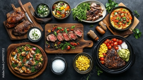 An overhead shot of a variety of dishes seasoned with cooking salt, showcasing the versatility and essential role of salt in culinary creations.