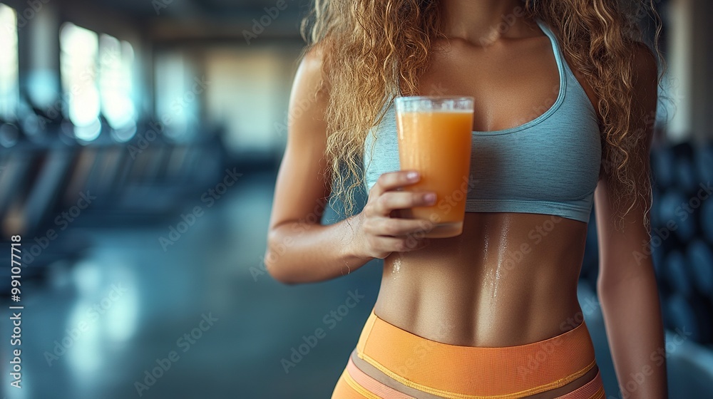 A young woman in sportswear holds a healthy drink, shown after a gym session. A young woman in sportswear holds a healthy drink, shown after a gym session.