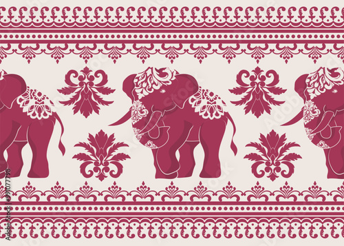 Elegant damask pattern featuring ornate elephants in maroon on a cream background. Intricate floral details create a luxurious and traditional feel, perfect for textiles, wallpapers, and home decor.