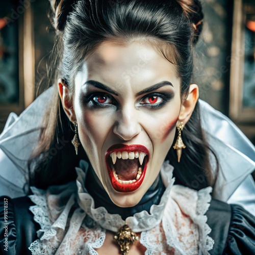 A close-up of a woman vampire with fangs, blood dripping from their lips, creating a scary Halloween image