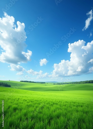 Green Field and Blue Sky with Puffy Clouds