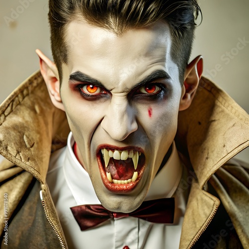 A Halloween vampire with red eyes, sharp teeth and a creepy, menacing expression