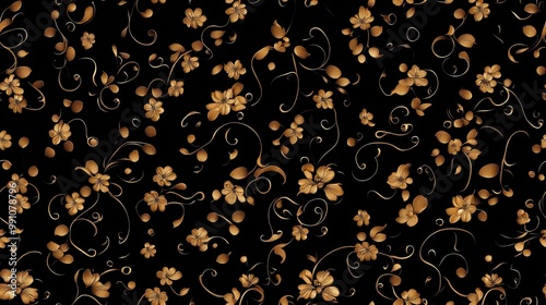 This artwork showcases an elaborate Baroque floral design, emphasizing vivid golden swirls and exquisite dark flowers, capturing a rich historical aesthetic filled with depth SEAMLESS PATTERN