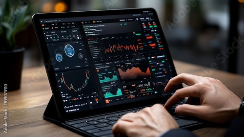 Data Analysis on Tablet: A close-up of a man's hands typing on a tablet displaying complex financial data, highlighting the power and efficiency of modern technology in business analytics. 