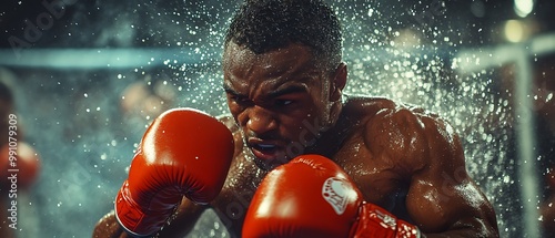 A focused boxer training intensely in a dramatic, dynamic setting. photo