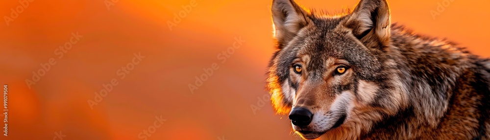 22 Wolf face bathed in orange sunset over a rugged mountain closeup, focus on fur texture, copy space 22 Wolf face bathed in orange sunset over a rugged mountain closeup, focus on fur texture, copy space