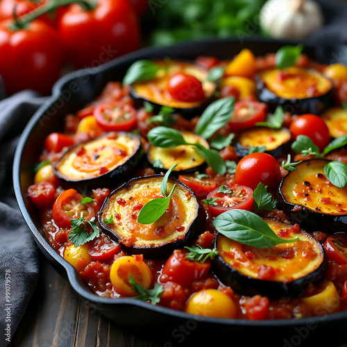 Vegetable stew, eggplant, onion, zucchini with tomato sauce, garlic and herbs in a baking dish on a wooden table
