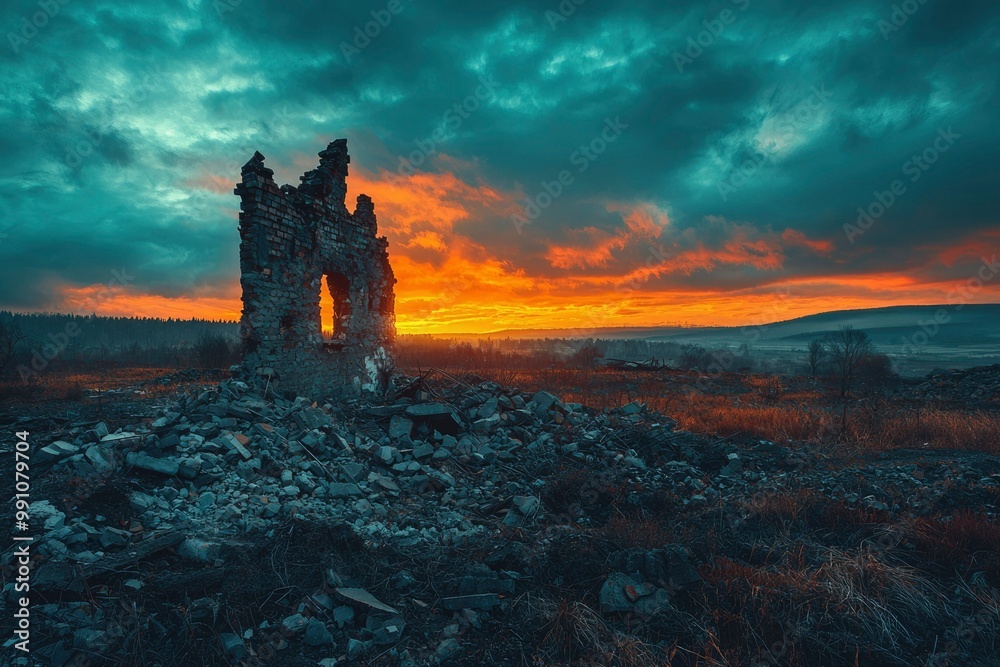 Obraz premium Ruined Brick Wall and Rubble Against a Dramatic Sunset Sky