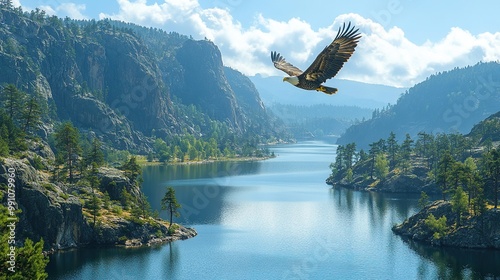 An eagle soars over a deep lake in this expansive view. photo