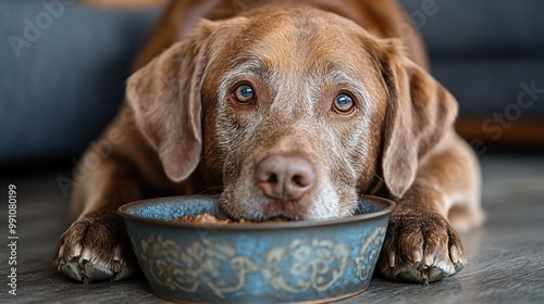 An elderly Labrador retriever awaits its meal beside a bowl on the floor.