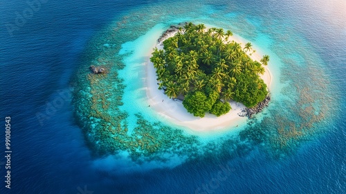 Aerial view of a tropical paradise with vibrant blue ocean, lush island, and white sandy beaches, featuring coral reefs and turquoise lagoons in crystal clear waters and sunlight.