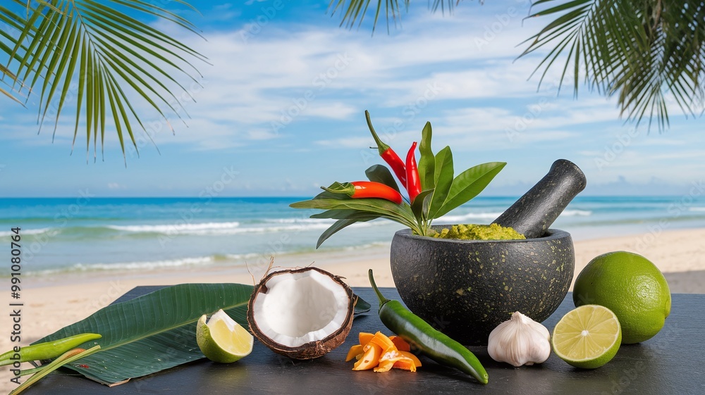 Obraz premium Fresh guacamole ingredients on a black stone on the beach with a coconut half, limes, garlic, chili peppers, and palm leaves.