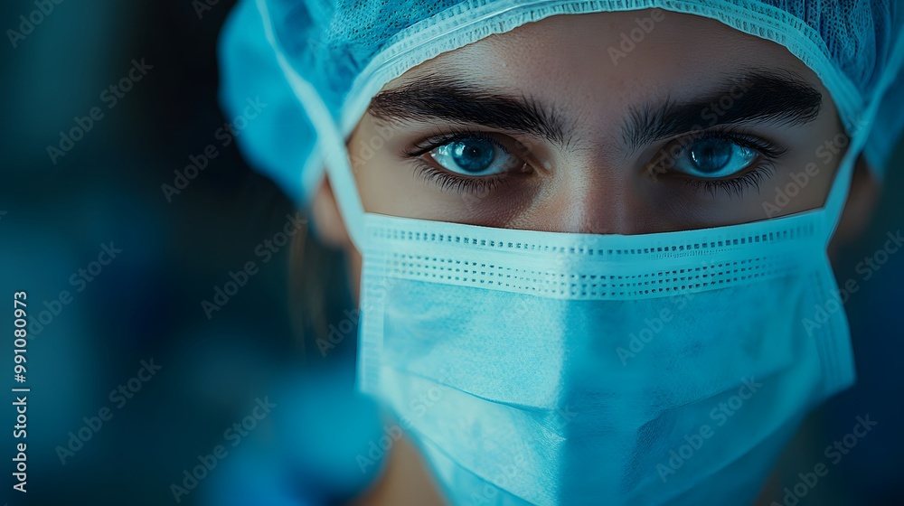 American doctor in surgical mask and blue scrubs, captured in a close-up portrait with focused gaze in a hospital operating room, reflecting confidence and professionalism. American doctor in surgical mask and blue scrubs, captured in a close-up portrait with focused gaze in a hospital operating room, reflecting confidence and professionalism.