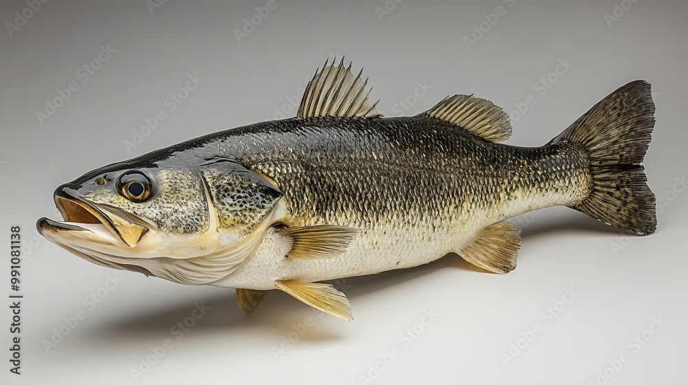 An isolated image of a fresh sea bass against a white backdrop. An isolated image of a fresh sea bass against a white backdrop.