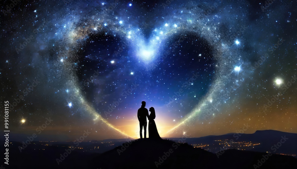 Couple of lover, gazing at heart-shaped galaxy. Night sky full of stars, galactic heart glowing. Romantic scenery, serene landscape, infinite cosmos, love in the universe. Valentines day, Cupid, Love