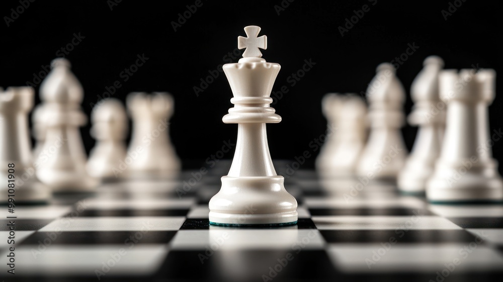 White chess king piece on the board, with other blurred pieces in the background.