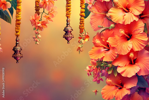 Traditional Diwali background with bright marigold flowers and decorative torans photo