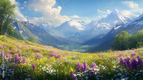 Spring mountain landscape with vibrant wildflower meadow and distant blue ranges under a clear sky, illuminated by soft sunlight and golden hour glow, creating a panoramic vista.